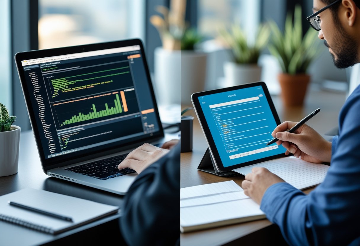 Two people in an office; one using a laptop for automated testing and the other manually testing on a tablet while taking notes.