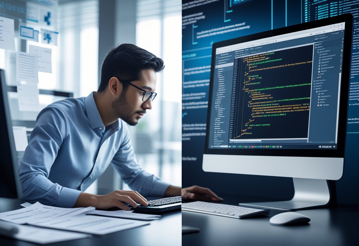 A person manually testing software on a computer on one side, and an automated testing program running on another computer screen on the other side in an office setting.