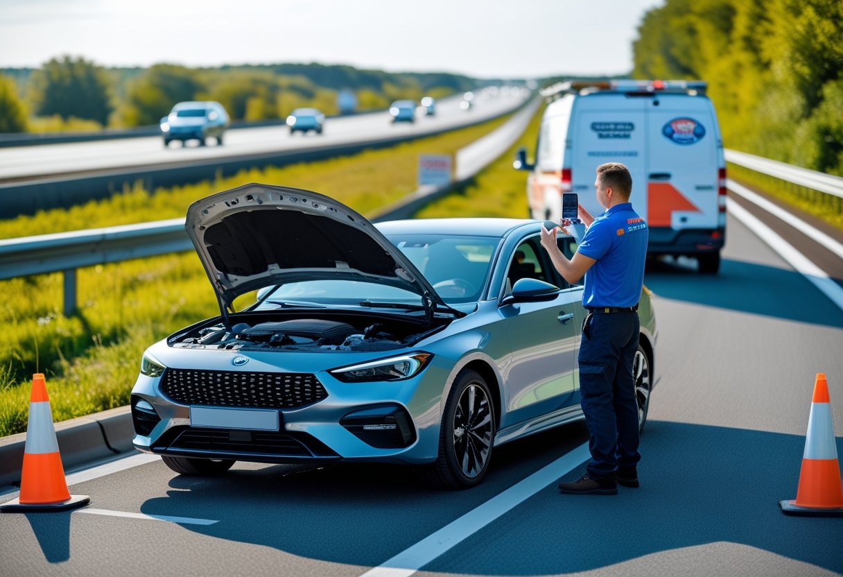 A broken down car on the side of a highway with its hood open, a driver using a phone, and a roadside assistance technician arriving in a service van.