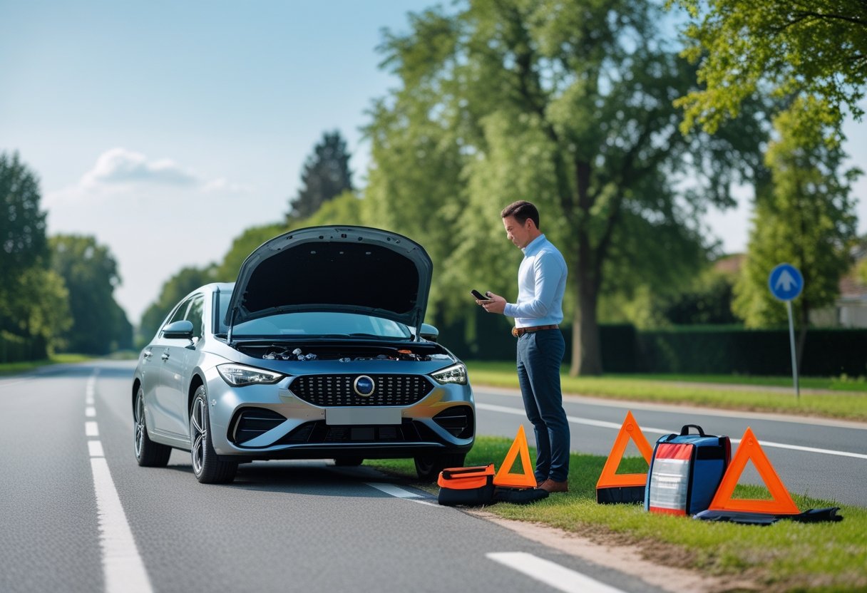 A driver standing beside a broken-down car on the side of a suburban road, holding a phone with the car hood open and emergency kit on the ground.