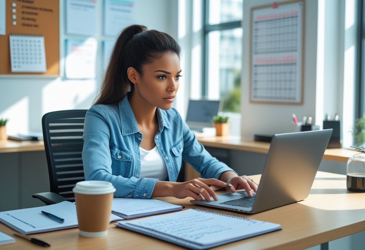 A young woman sitting at a desk in an office, looking focused while reviewing notes and a laptop.