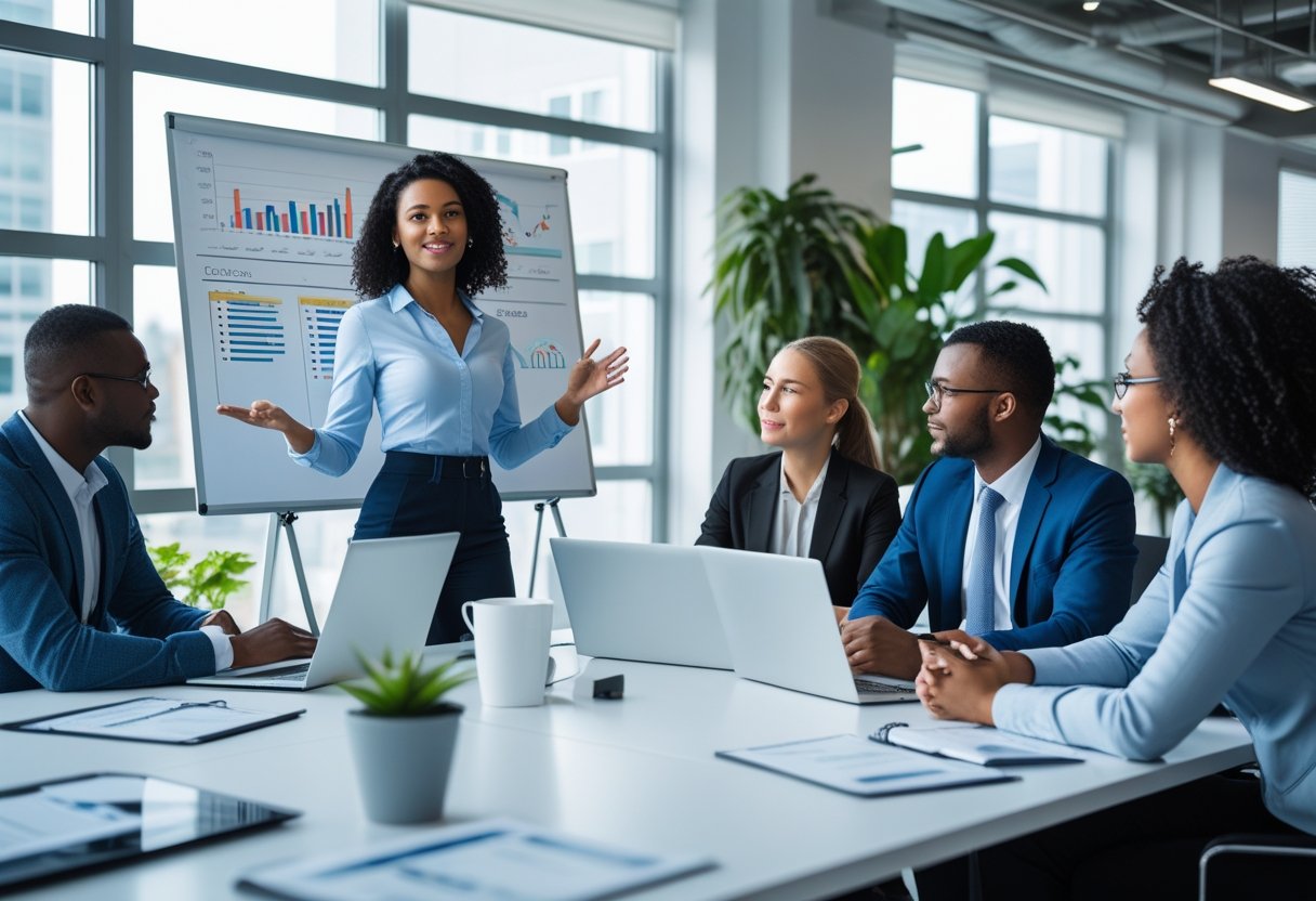 A diverse group of business professionals discussing strategies around a conference table in a bright office.