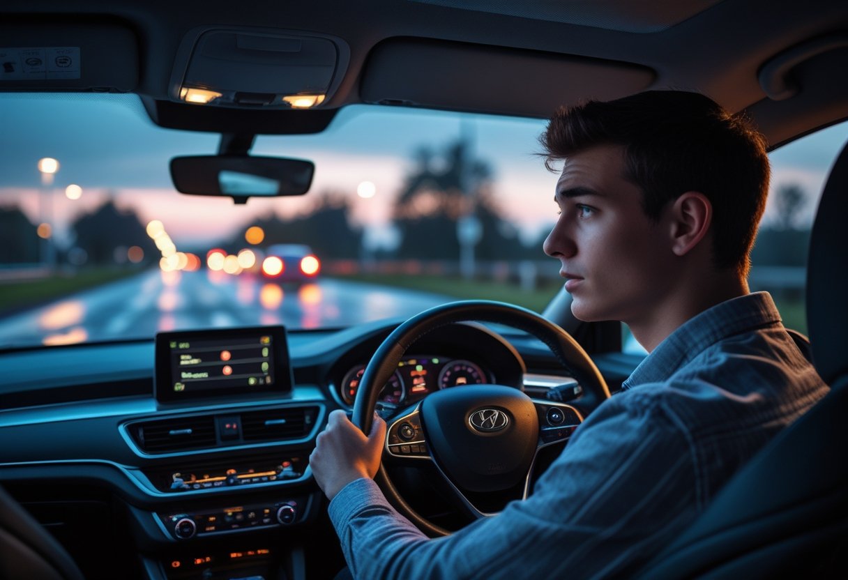 A young adult driver focused on the road during an evening driving test inside a car with streetlights visible outside.