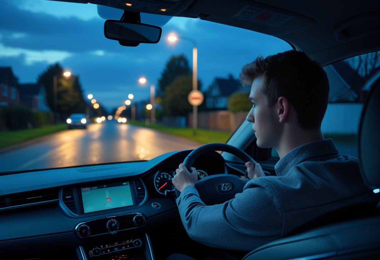 A young adult driver taking a driving test in a car at dusk on a suburban street with streetlights and headlights on.