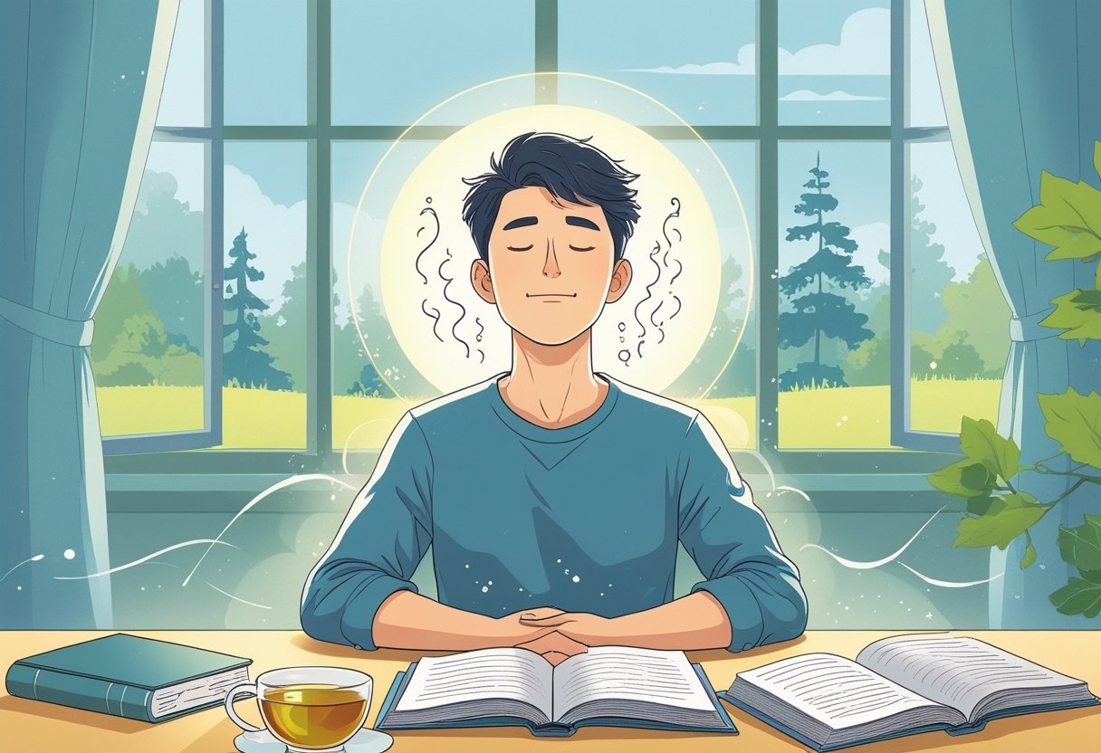 A student sitting calmly at a desk with books and a cup of tea, eyes closed and relaxed, in a quiet room with a window showing trees outside.