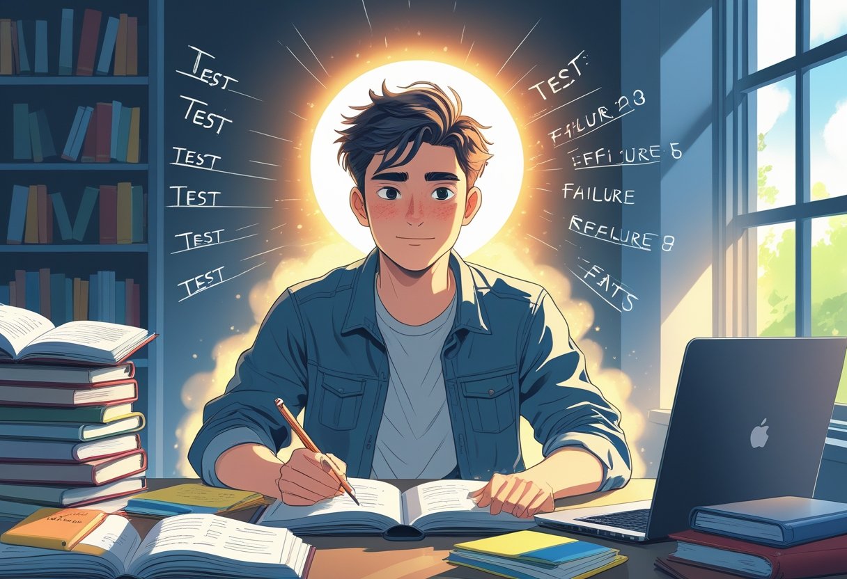 A young adult sitting at a desk with study materials, looking focused and confident, with sunlight coming through a window behind them.