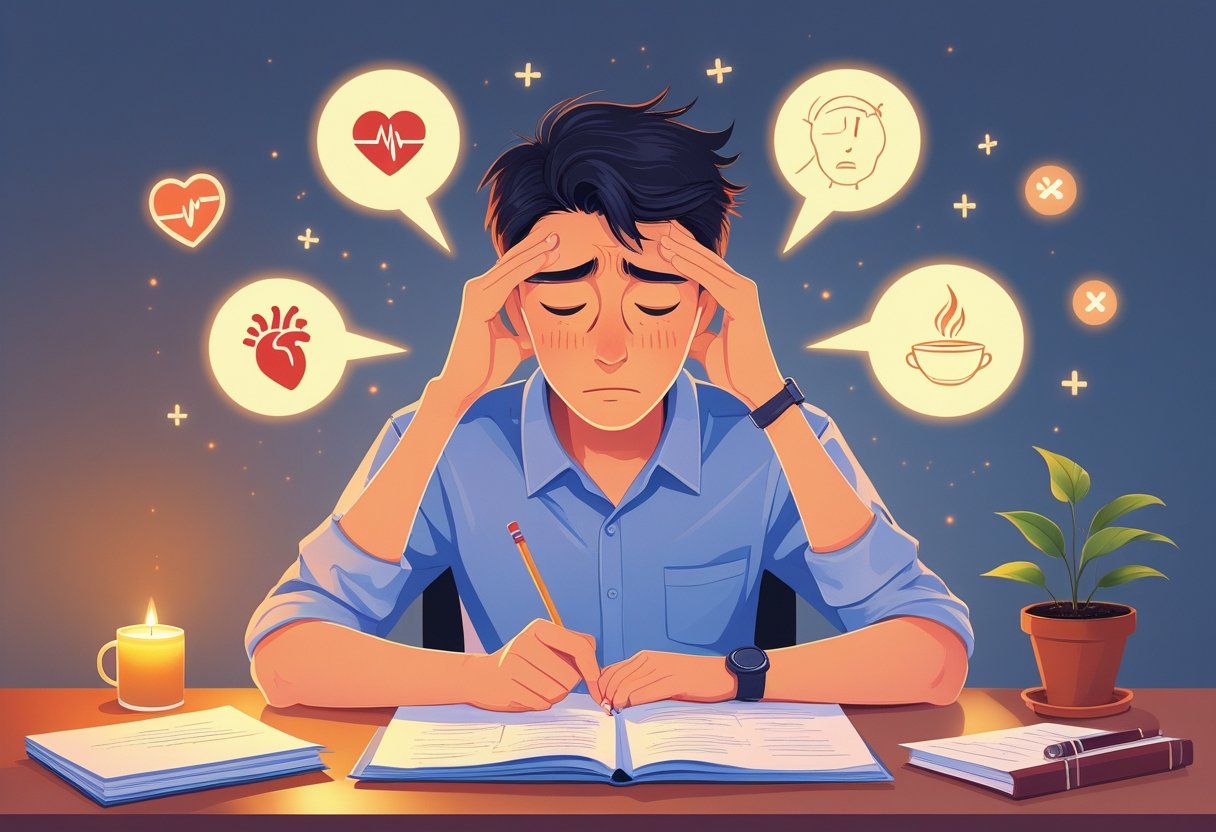 A student sitting at a desk looking stressed but calm, surrounded by symbols of anxiety symptoms and relaxation items like a plant, candle, and tea.