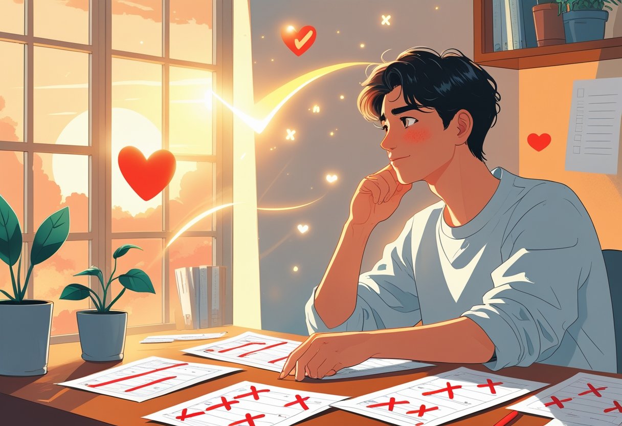 A young adult sitting at a desk with test papers, looking calm and thoughtful, surrounded by symbols of confidence and hope with a sunrise visible through a window.