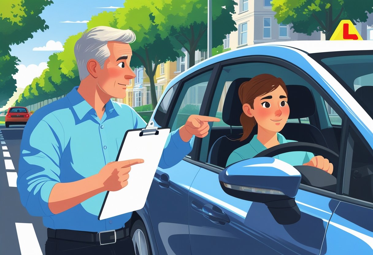 A driving instructor explains to a learner driver who is sitting attentively behind the wheel of a car on a quiet street.