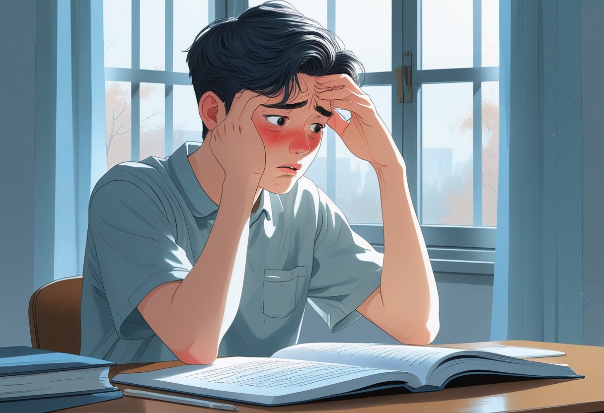 A young student sitting at a desk looking anxious and unwell before a test, with books and a clock nearby.