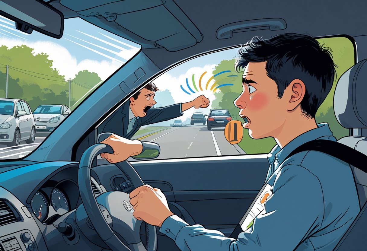 A learner driver inside a car looking stressed while another driver outside is pressing the horn impatiently on a busy street.