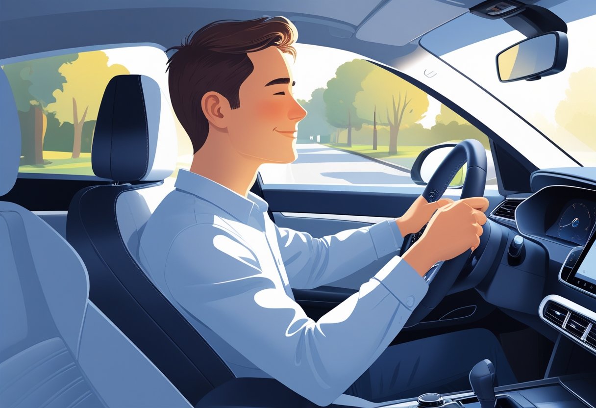 A person calmly driving a modern car, switching the gear from manual to automatic on a quiet suburban street.