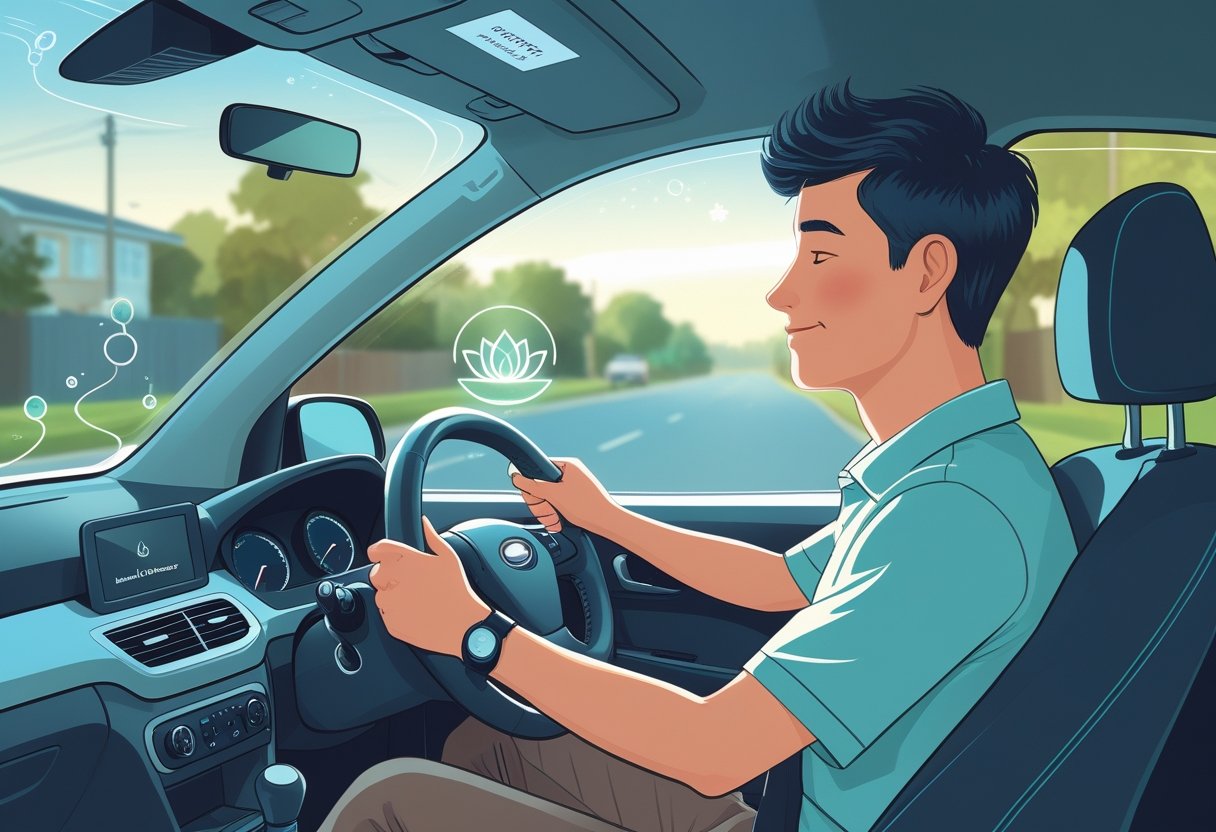 A learner driver calmly focused inside a car on a quiet suburban street, surrounded by subtle symbols representing mindfulness and calmness.
