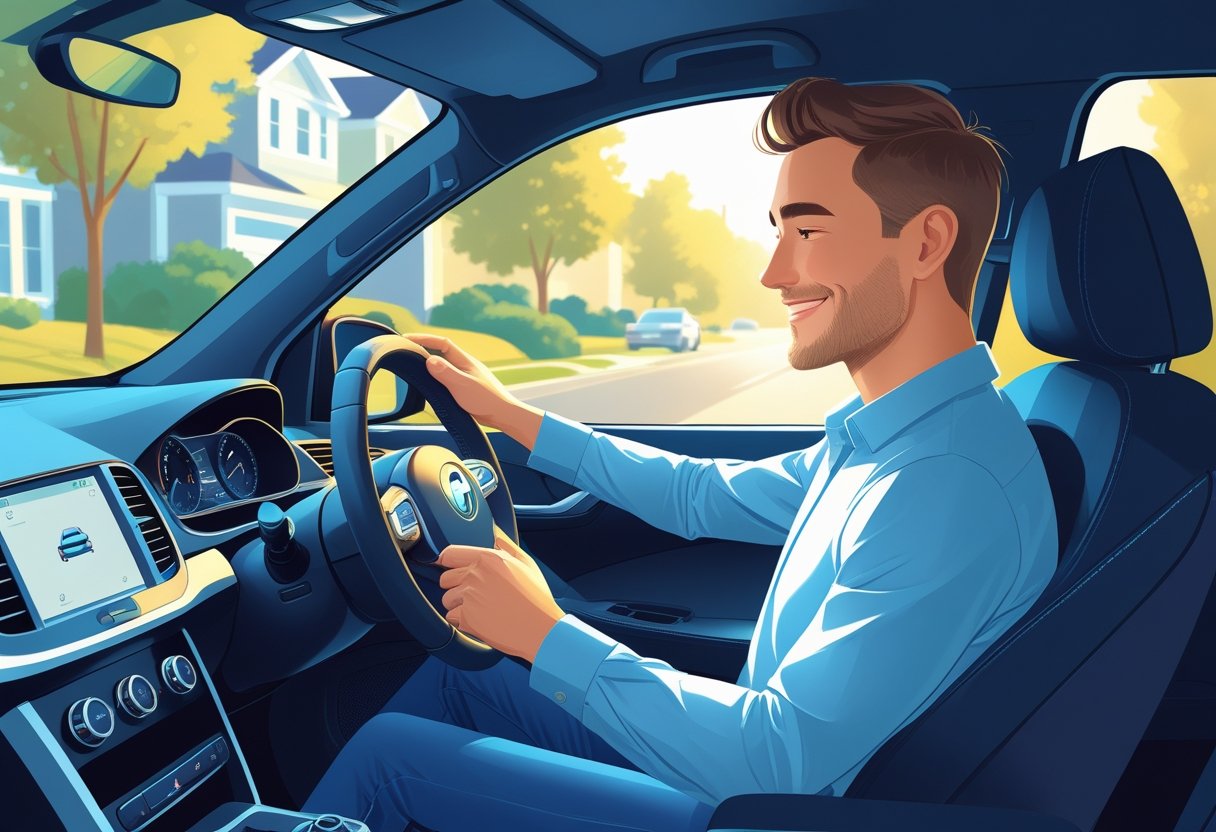 A person calmly driving a car with an automatic gear selector on a quiet suburban street.