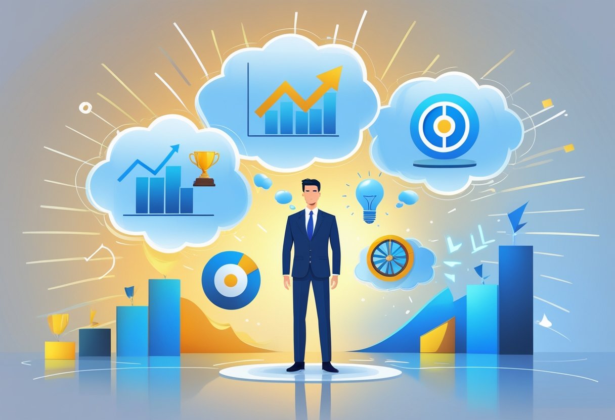 A person surrounded by glowing thought bubbles showing symbols of success like a rising graph, trophy, lightbulb, and target with an arrow.