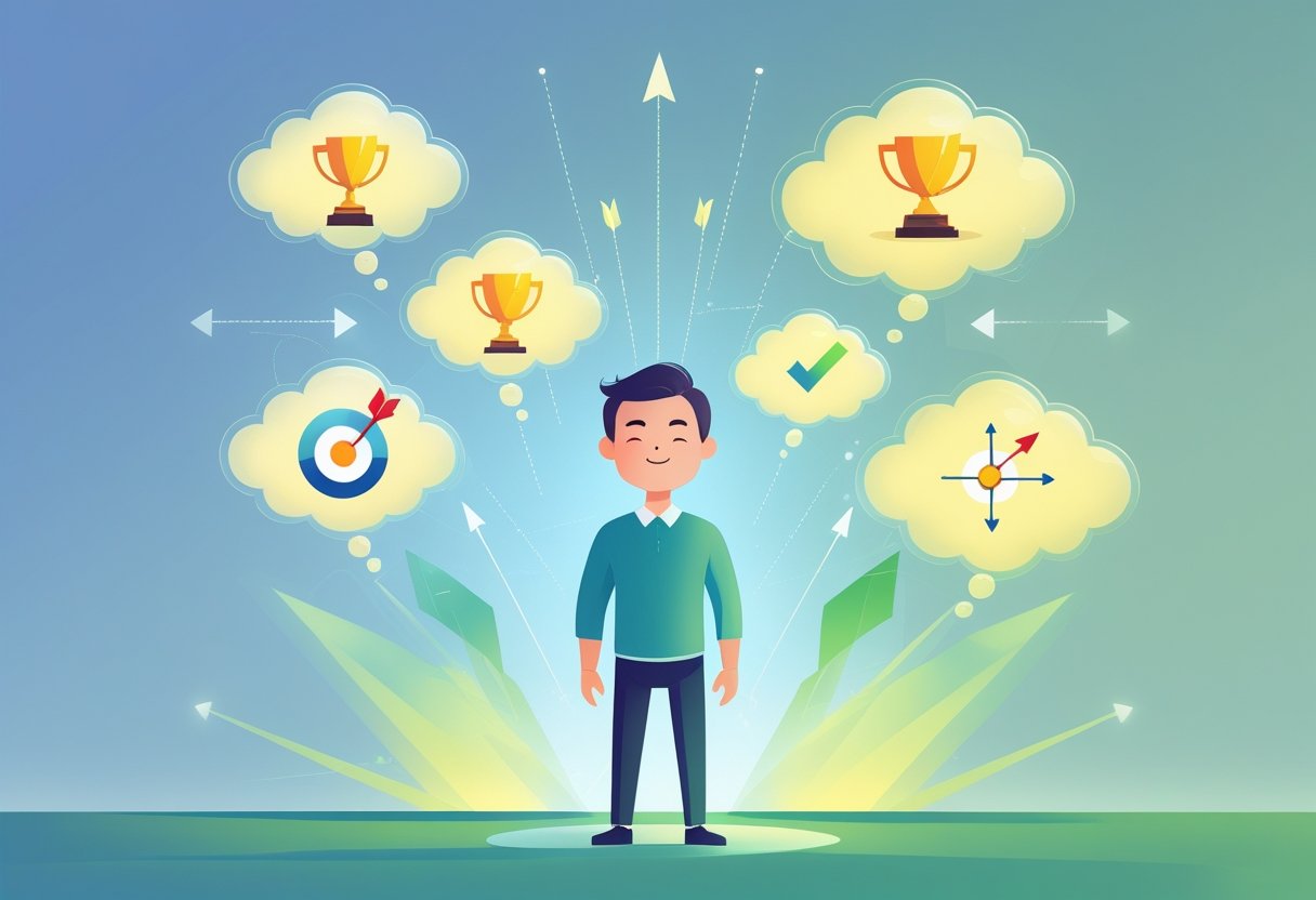 A person with closed eyes surrounded by glowing thought bubbles showing symbols of success like a trophy, arrows, a lightbulb, and a target.