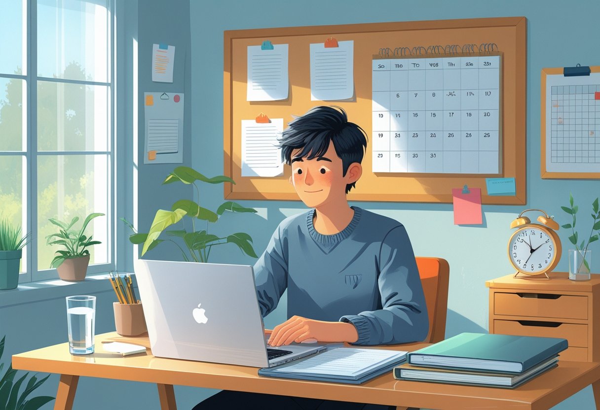 A person sitting at a tidy desk with a laptop and study materials, looking focused and ready to start a lesson in a well-lit room.