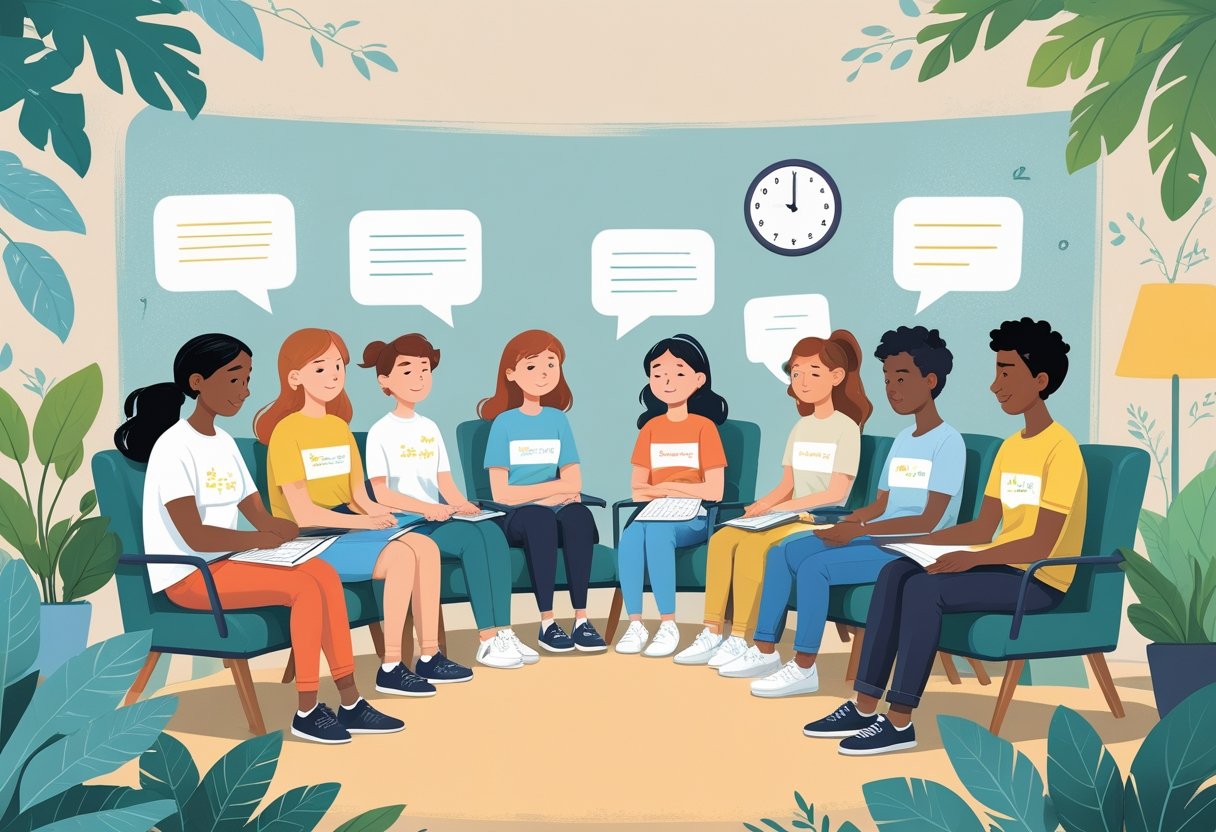 A group of learner drivers sitting together in a calm room with an instructor, showing support and understanding.