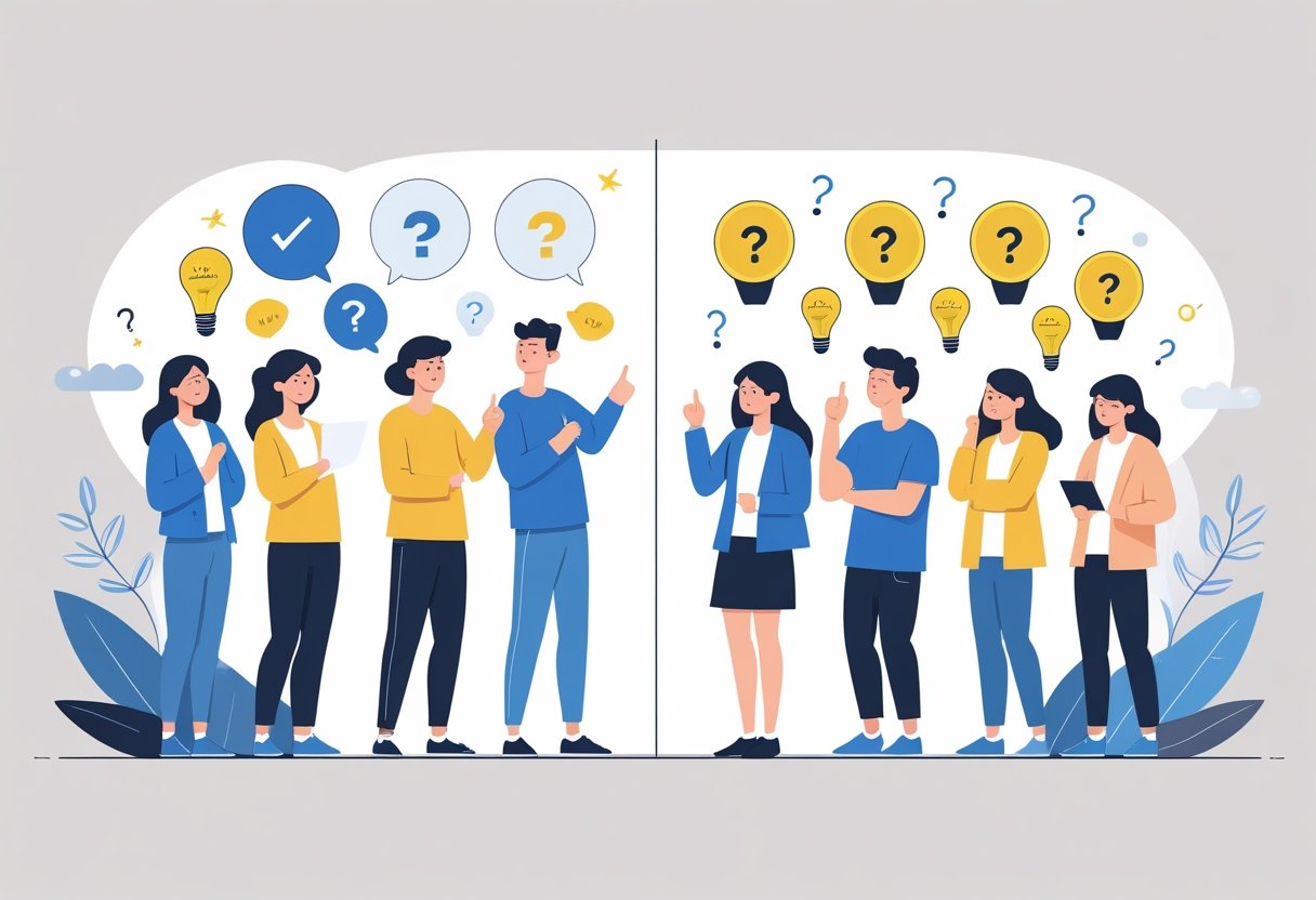 A person sharing their test date with friends on one side, showing support and encouragement, and on the other side, the same person looking thoughtful and hesitant, representing the pros and cons of telling others about a test date.