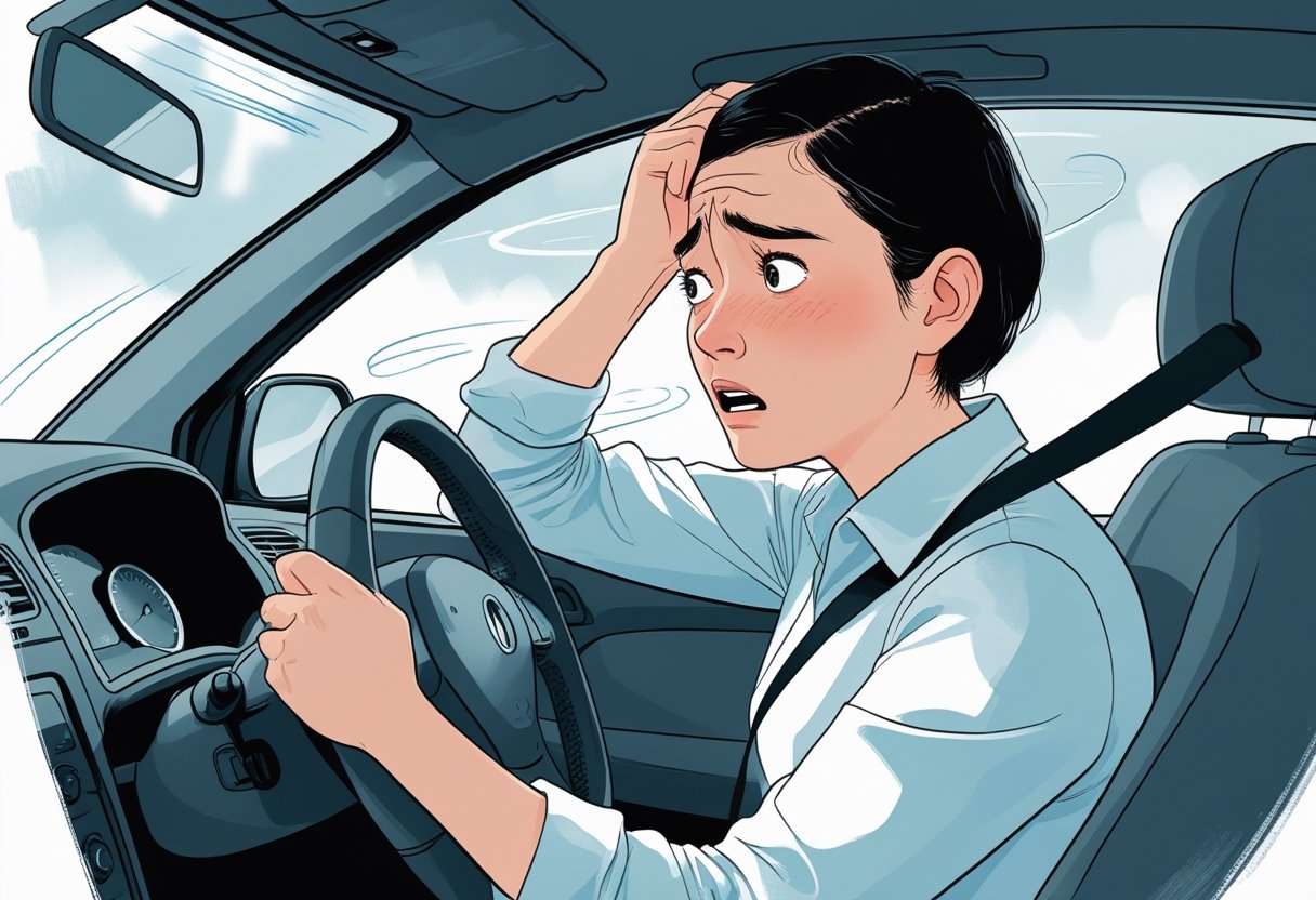 A person in a car showing signs of panic while driving, holding the steering wheel with one hand and touching their forehead with the other.