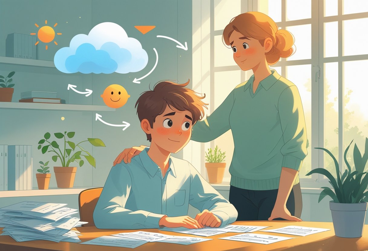 A student sitting thoughtfully at a desk with test papers, accompanied by a supportive adult in a bright study room with symbols of emotional growth and recovery around them.