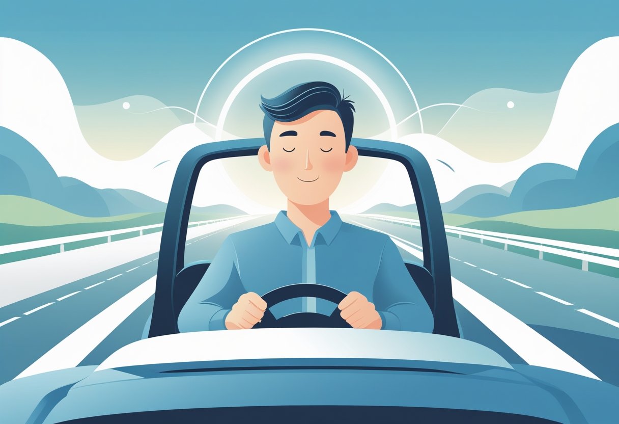 A person calmly driving a car on a clear road, surrounded by soft glowing shapes suggesting mental calmness and focus.