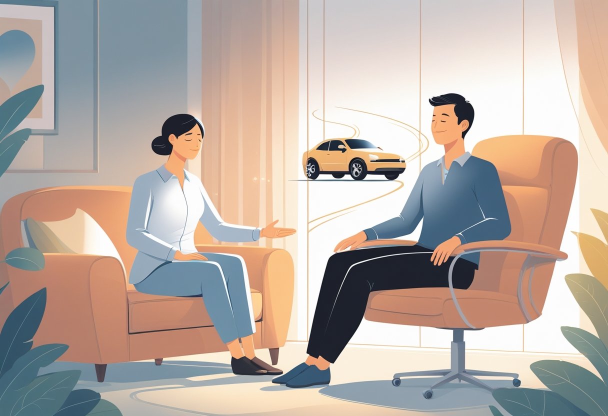 A hypnotherapist guiding a relaxed client in a calm therapy room, with a subtle image of a car on a winding road in the background symbolising driving anxiety.