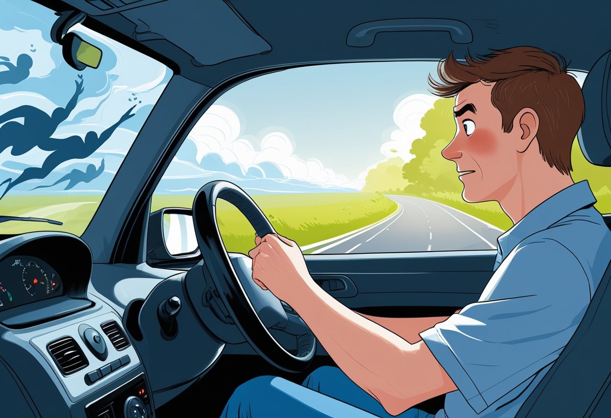 A learner driver looking anxious inside a car while a driving instructor calmly offers reassurance, with a background transitioning from dark clouds to a clear sunny road.