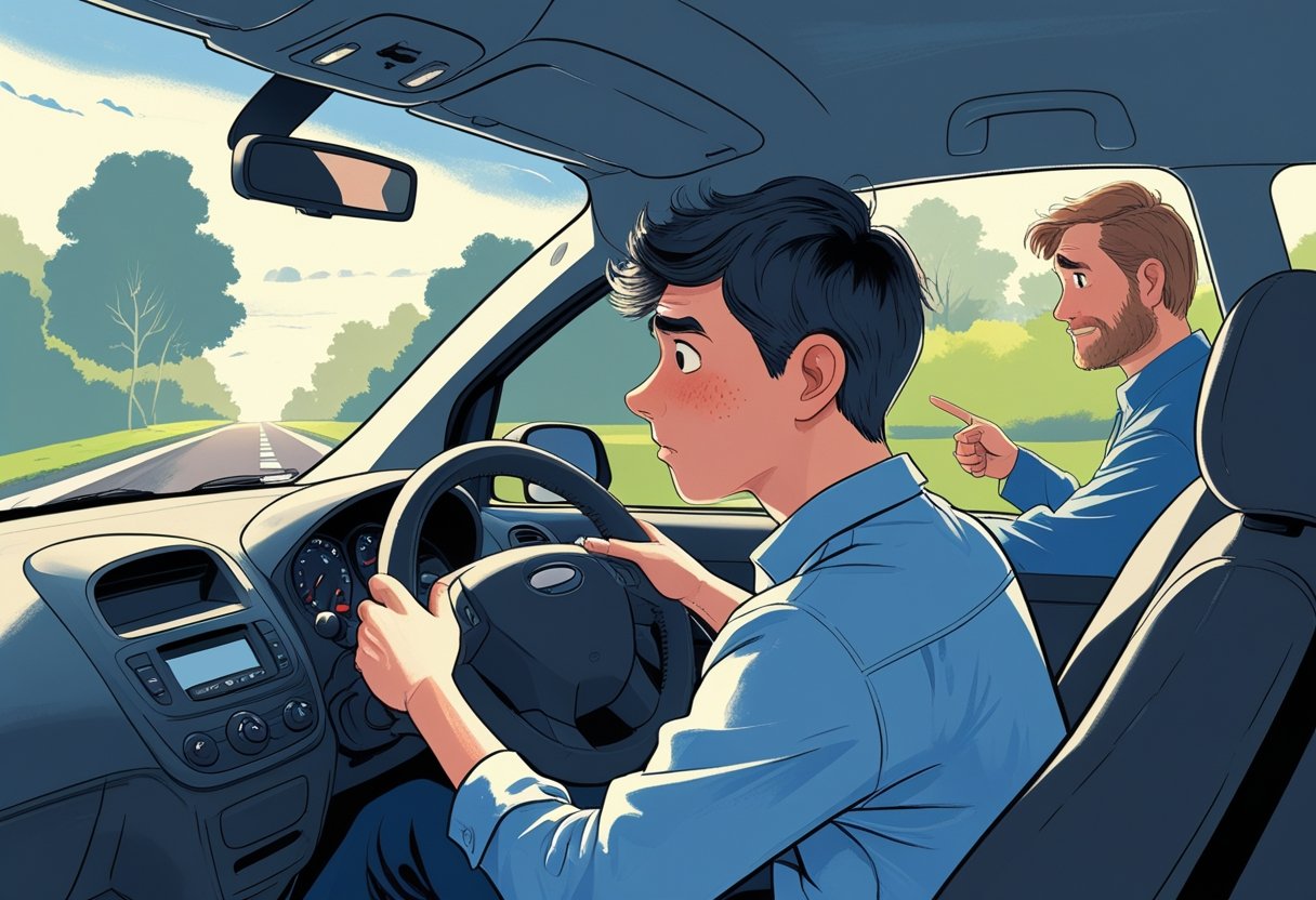 A young learner driver looks nervous while sitting in a car, with a calm instructor outside offering reassurance on a quiet suburban street.