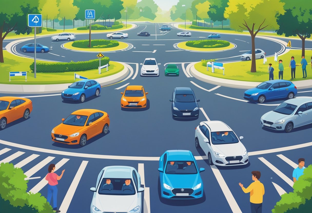 A busy roundabout with cars driving calmly and drivers showing relaxed, focused behaviour while traffic flows smoothly.