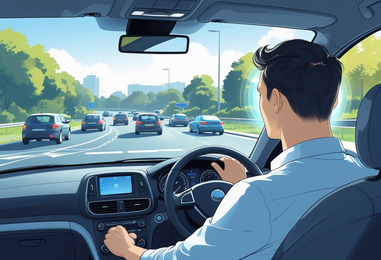 A driver calmly approaching a busy roundabout with other vehicles navigating the road, showing a focused and relaxed expression inside the car.