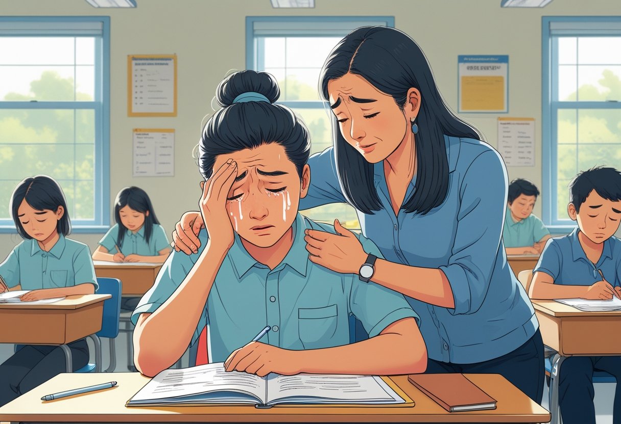 A student wiping away tears during a lesson while a teacher offers comfort in a classroom.