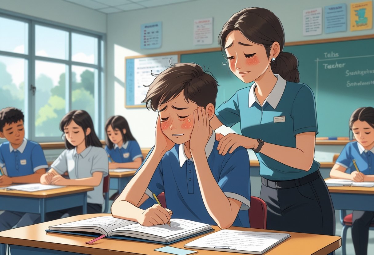 A student sitting at a desk in a classroom with tears on their cheeks while a teacher offers support by placing a hand on their shoulder.