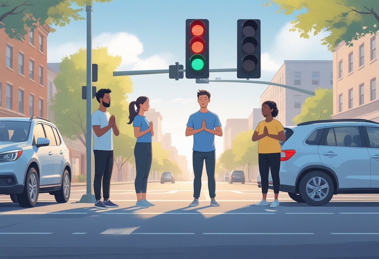 Three people waiting at a red traffic light on a city street, each practising different breathing techniques to stay calm.