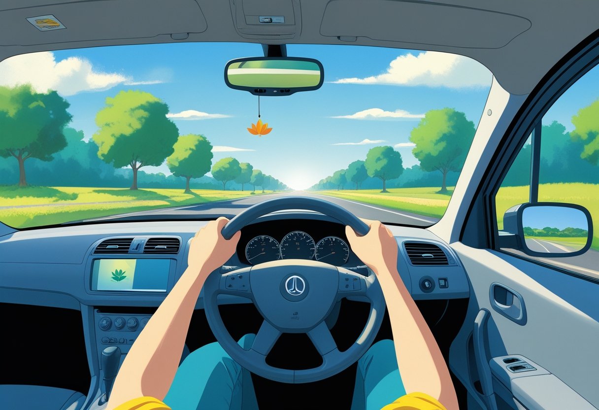 A calm driver focused on the road while driving on a clear sunny day with trees alongside the road.