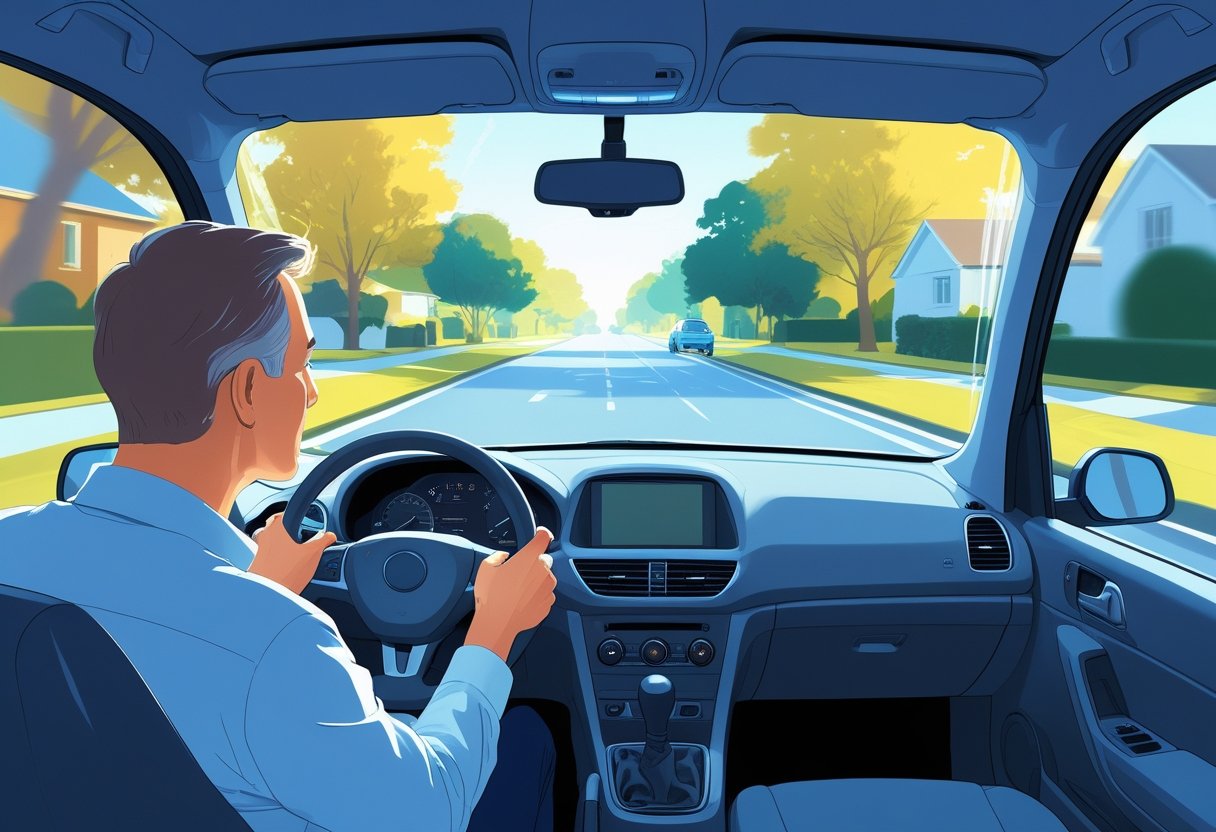 A person calmly driving a car on a quiet suburban street, focusing attentively on the road ahead.