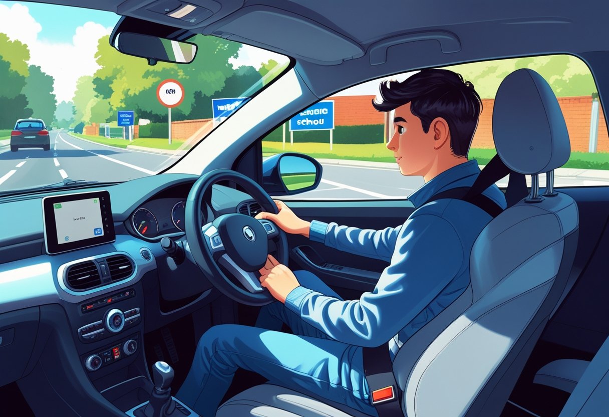 A learner driver focused on driving with hands on the steering wheel, a mobile phone placed face down on the passenger seat, inside a car on a quiet suburban street.