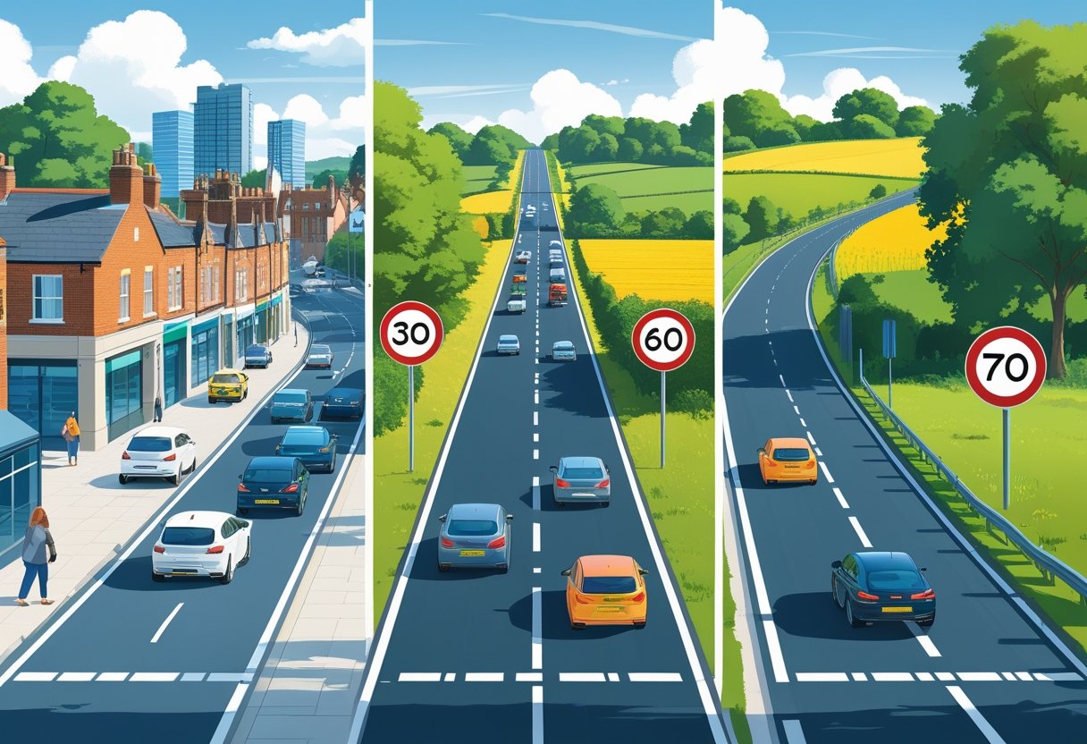 Three side-by-side road scenes showing UK speed limits: a built-up area with a 30 mph sign, a rural single carriageway with a 60 mph sign, and a dual carriageway with a 70 mph sign.