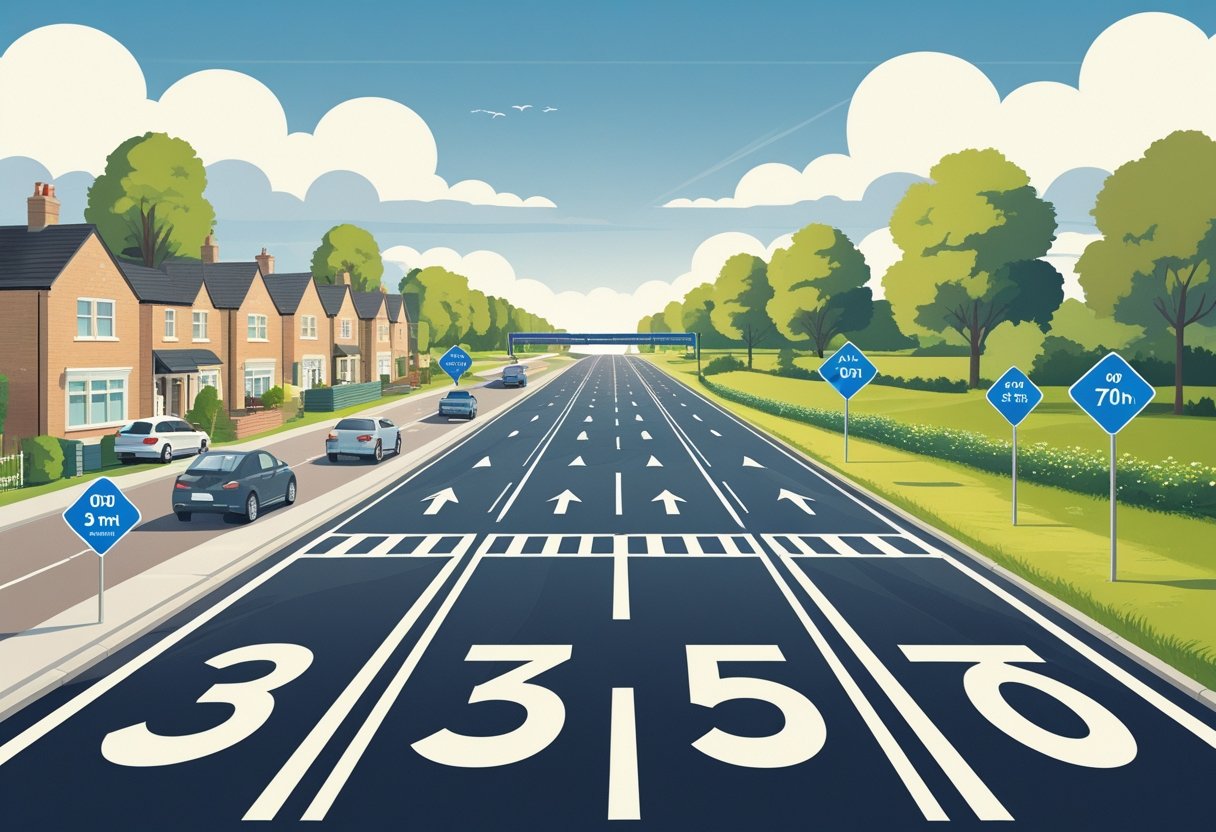 An illustration showing three types of UK roads with their speed limits: a built-up area with houses and a 30 mph limit, a single carriageway rural road with a 60 mph limit, and a dual carriageway with a 70 mph limit, each with appropriate road signs.