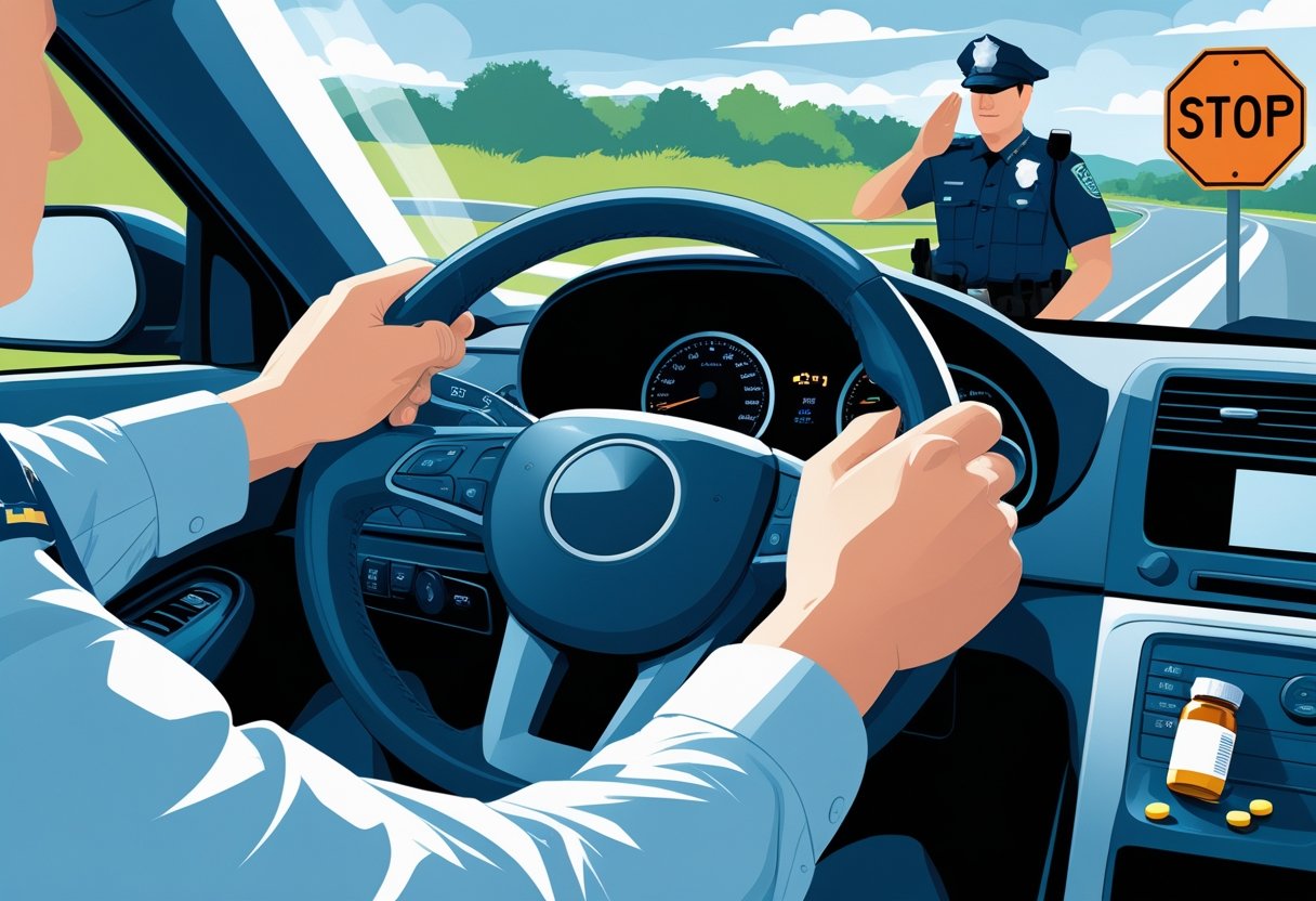 A driver holding a steering wheel inside a car with a prescription medication bottle and pills on the passenger seat, while a police officer signals the car to stop outside.