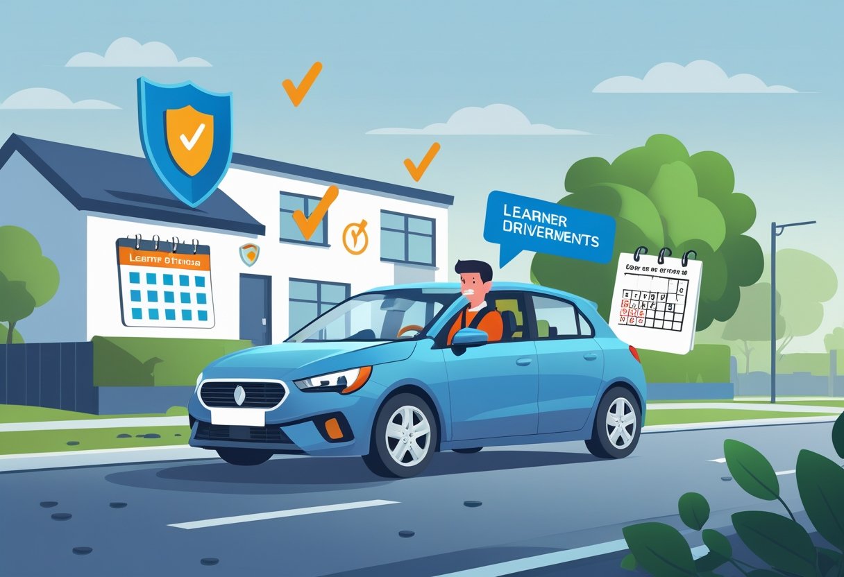 A learner driver sitting in a car with an instructor beside them, surrounded by symbols of insurance like a shield and a checklist, near a driving school on a quiet street.