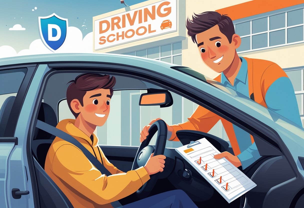 A young learner driver sitting in a car holding the steering wheel while an insurance agent hands over a document outside a driving school building.