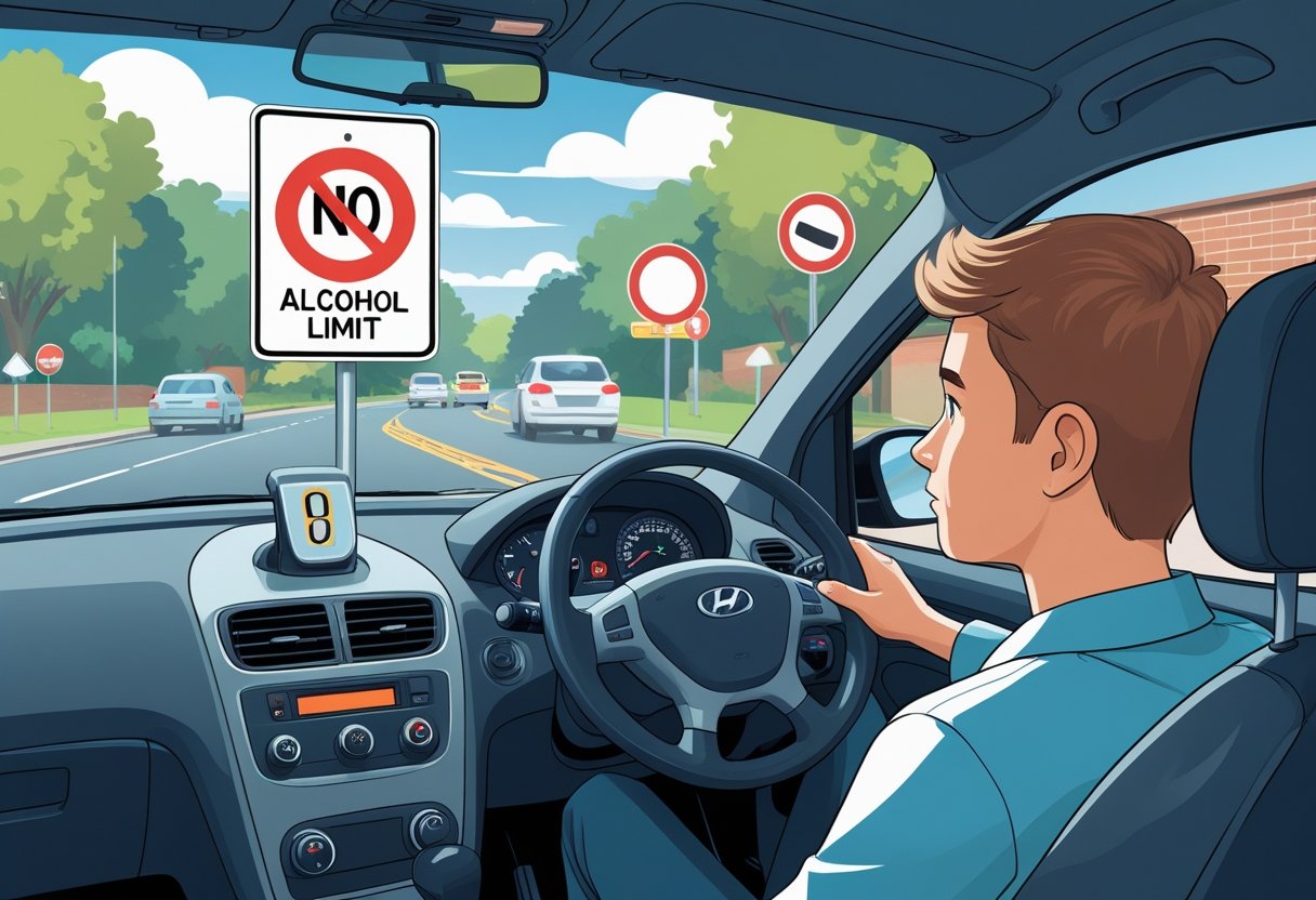 A learner driver sitting attentively in a car with a visible dashboard, looking at a road sign showing drink-driving limits on a quiet suburban street.