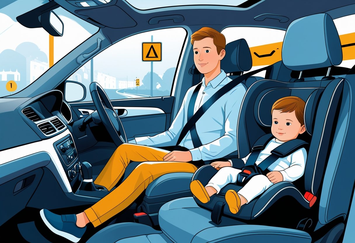 A family in a car with adults wearing seat-belts and a child secured in a child car seat in the back.