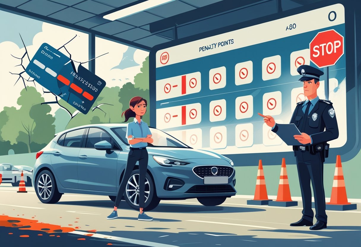 A young driver looking worried next to a car with a fading driver's licence, while a traffic officer points at a board showing penalty points.