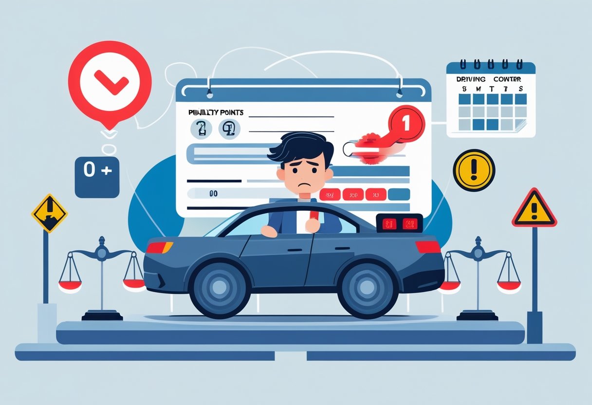 A young driver in a car looking concerned with warning icons on the dashboard and symbols of a driving licence, calendar, and justice scales around the vehicle.
