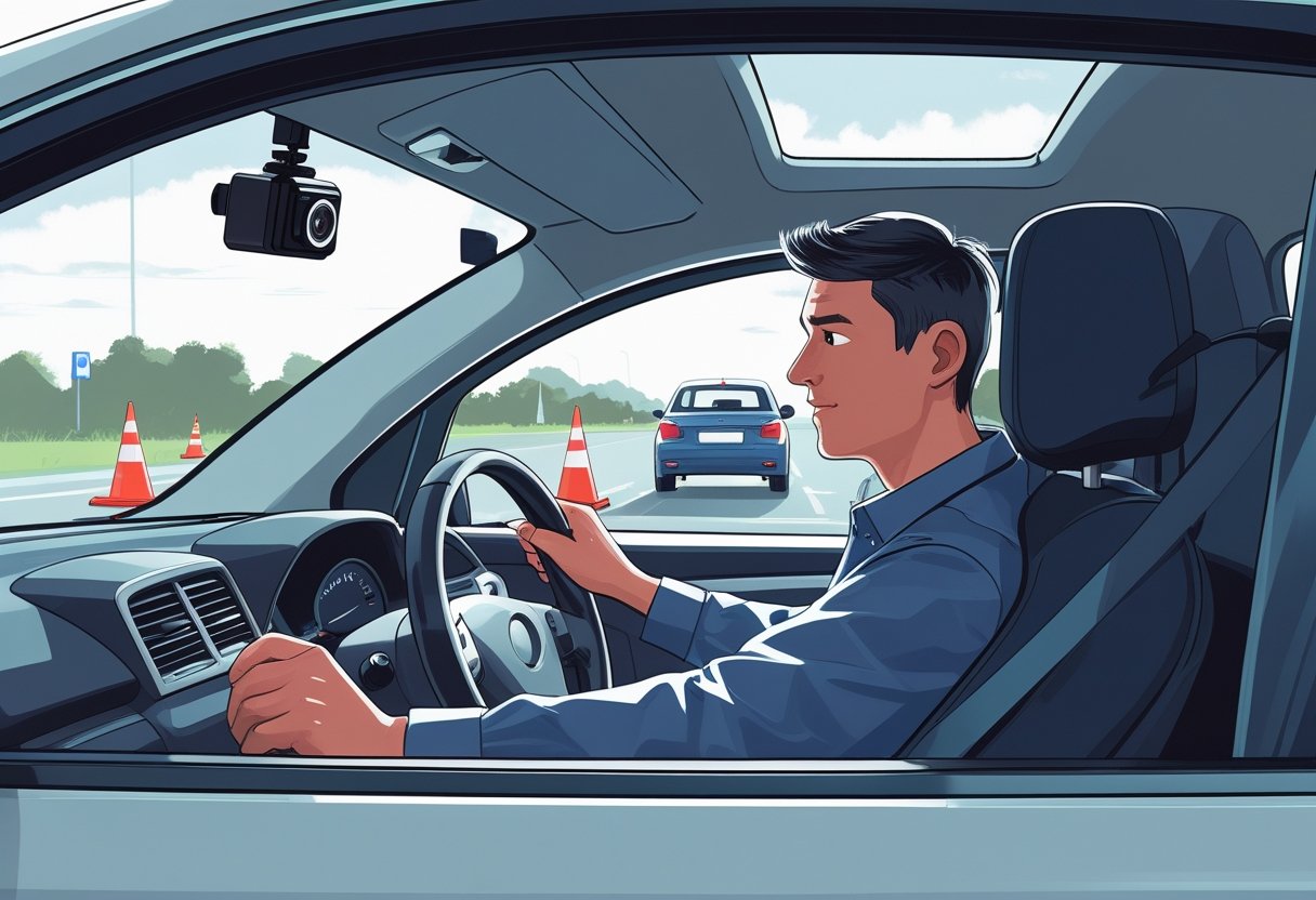 A driving instructor and learner driver inside a car with a dash-cam mounted on the windshield during a driving lesson.