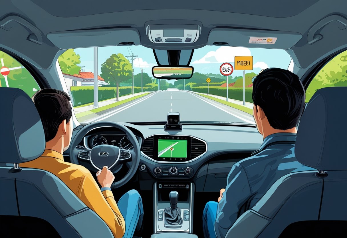 A learner driver and instructor inside a car during a driving lesson, with a dash-cam mounted on the dashboard recording the session.