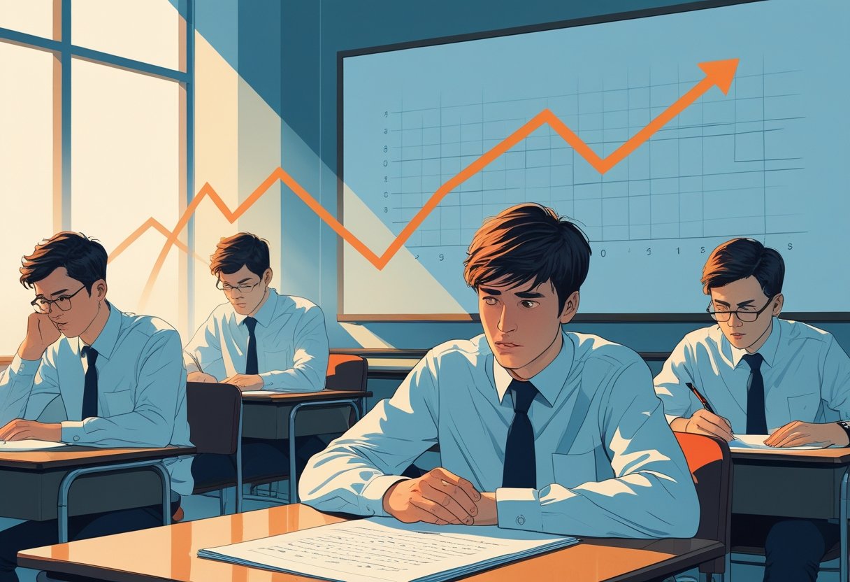 A student in an exam hall looking distracted with a half-finished exam paper, while examiners watch and take notes in the background.