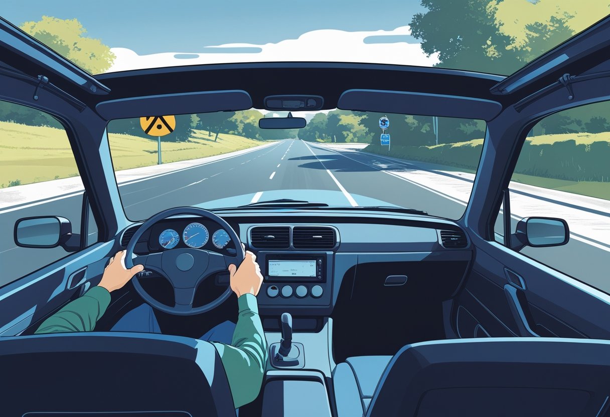 A car driving on a clear road with a driver relaxed and hands lightly on the steering wheel, showing steady movement without acceleration or braking.